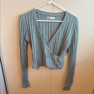 Hollister Women’s Small Blue V-Neck Ribbed Cropped Wrap Long Sleeve Sweater